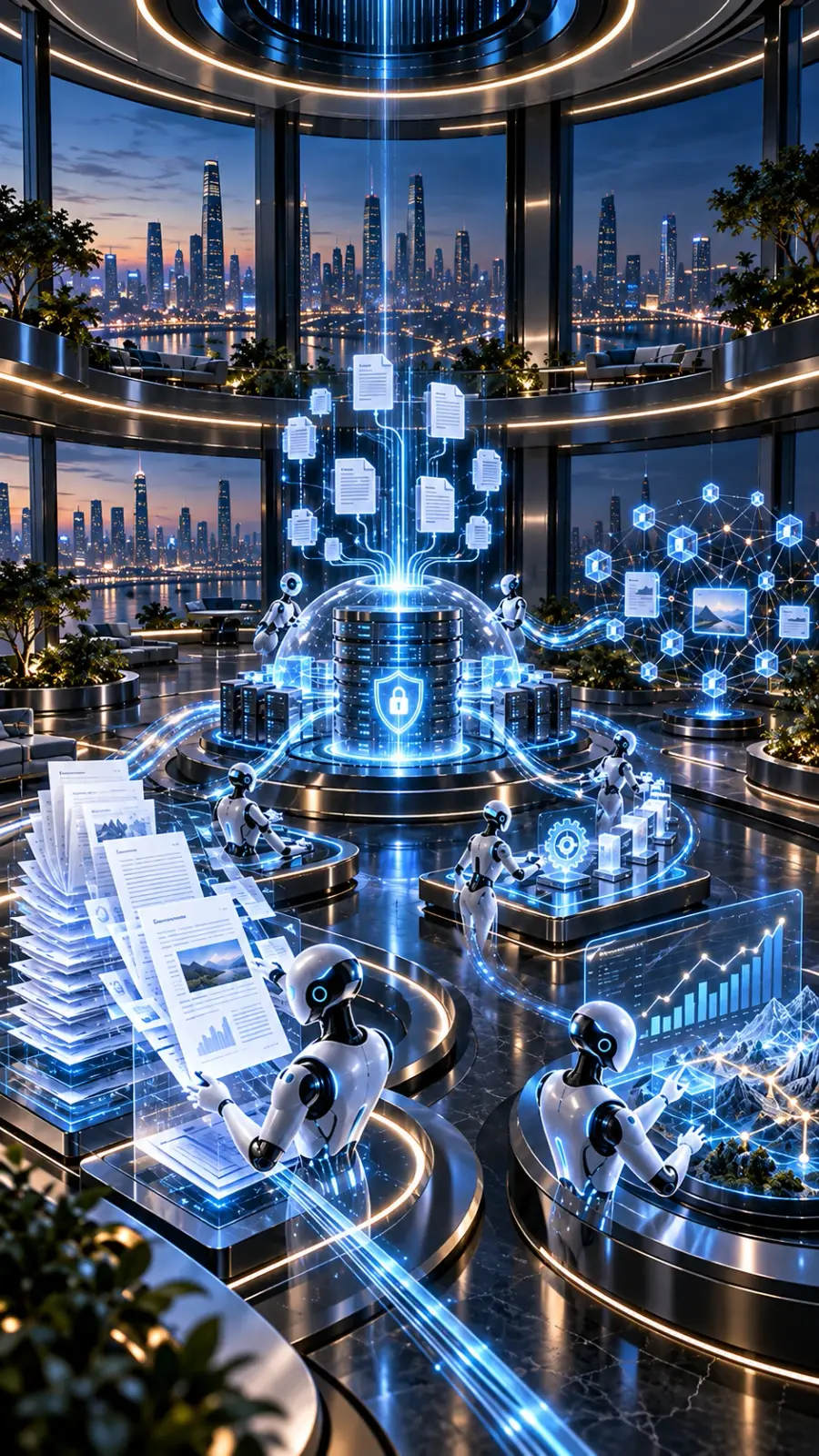 Visualización abstracta de inteligencia artificial y flujos de datos