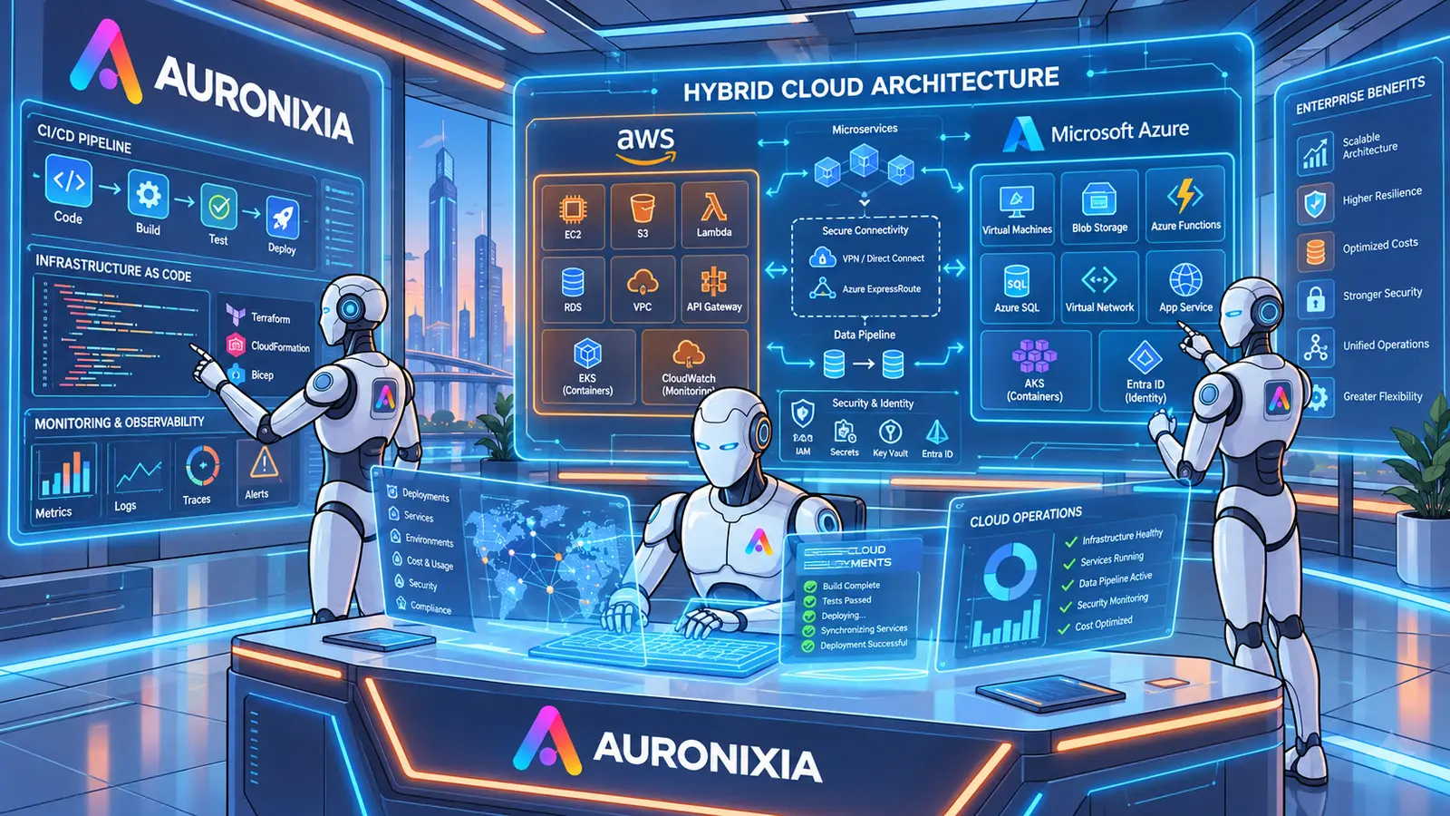 Centro de operaciones con paneles de arquitectura cloud en AWS y Azure