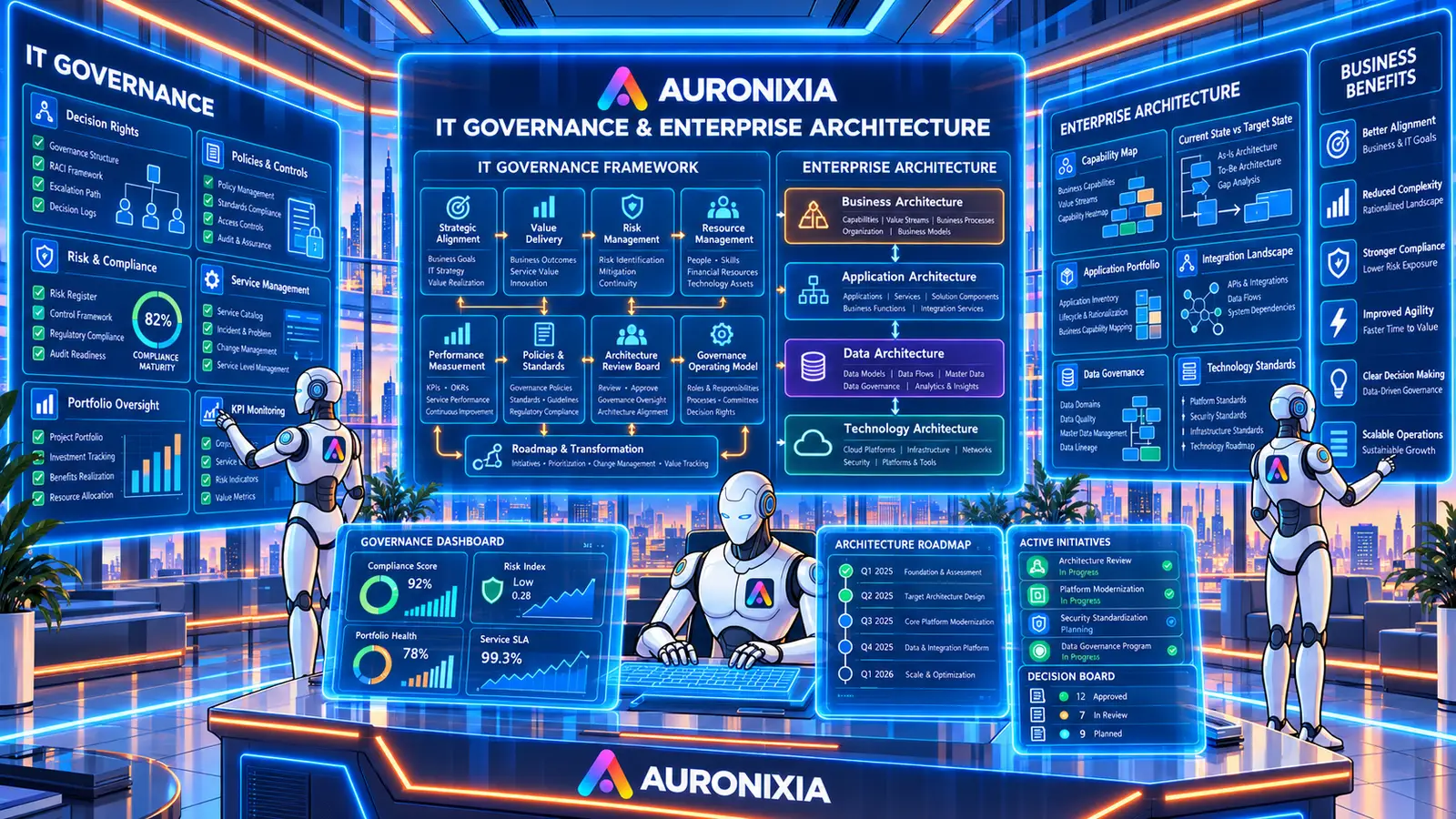 Sala de control con tableros de gobierno TI y arquitectura empresarial