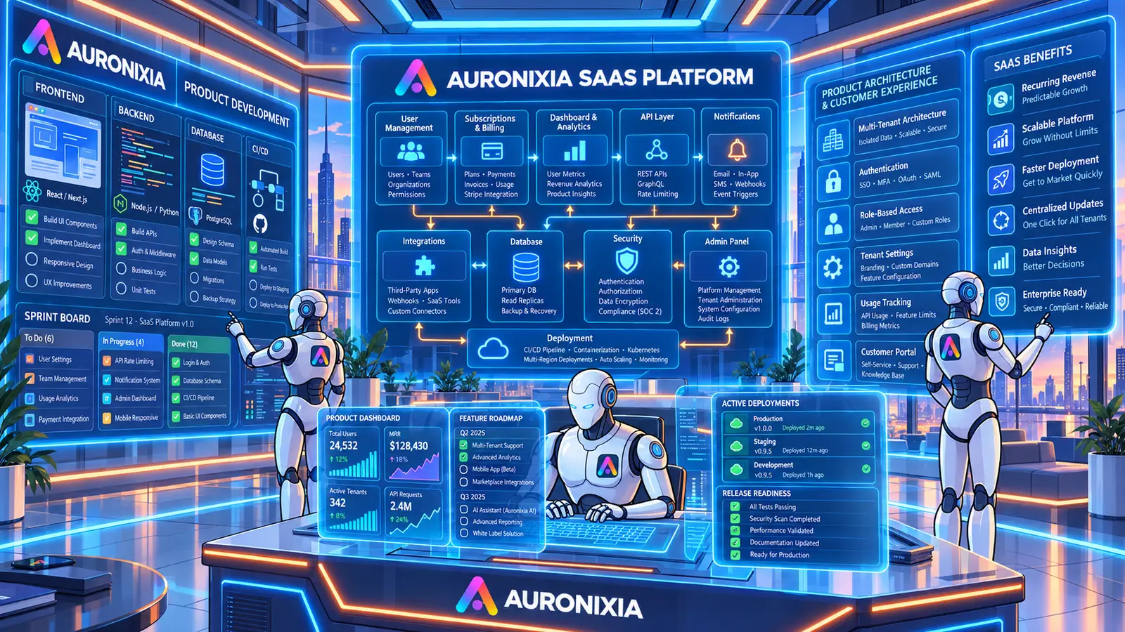 Equipo de desarrollo con paneles de una plataforma SaaS